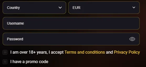 Donbet registration form, second step with country, currency, username, password and promo code checkbox