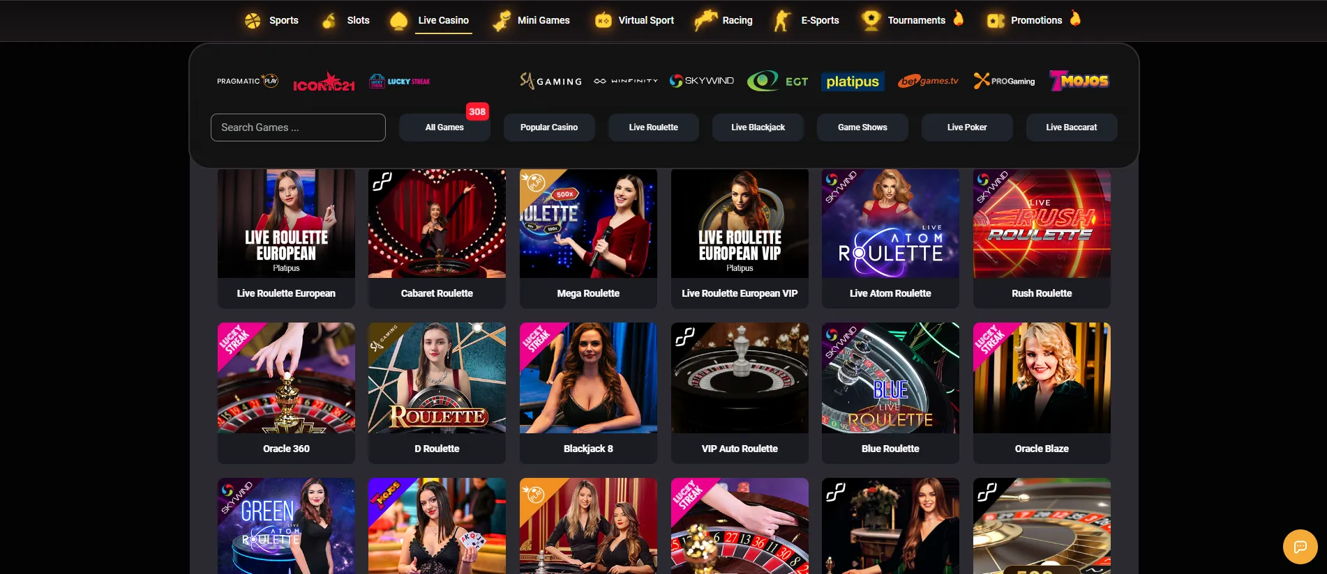 Donbet live casino lobby with dealer tables