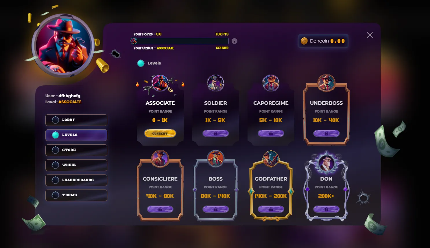 Donbet VIP levels screen with rank progress
