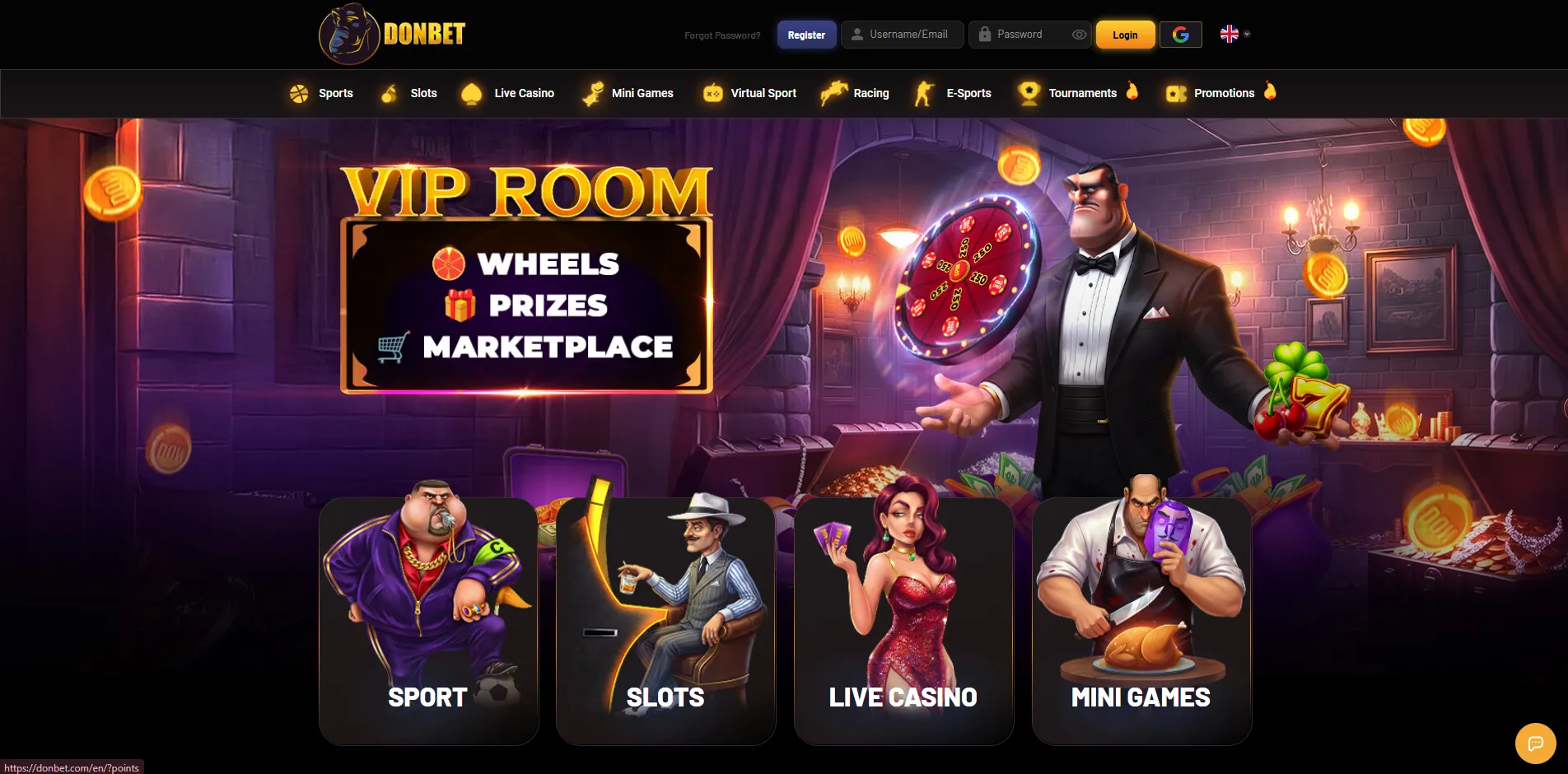 Donbet casino homepage with the VIP room banner and game category cards